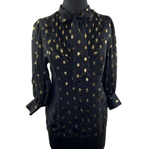 American Retro PARIS Oprah Shirt Silk Black Gold Metallic Polka Dot Blouse 38